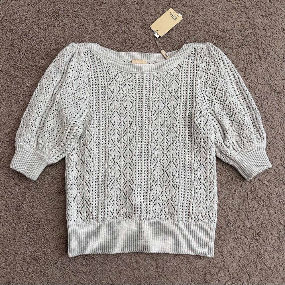 Elie Tahari Womens Gray Knit Sweater Top Puff Sleeve S